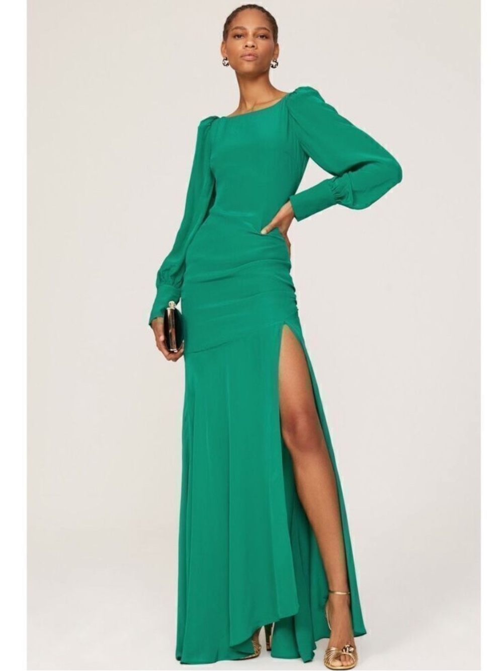 De La Vali Presley Gown Long-Sleeve Emerald Maxi Dress with High Leg Slit
